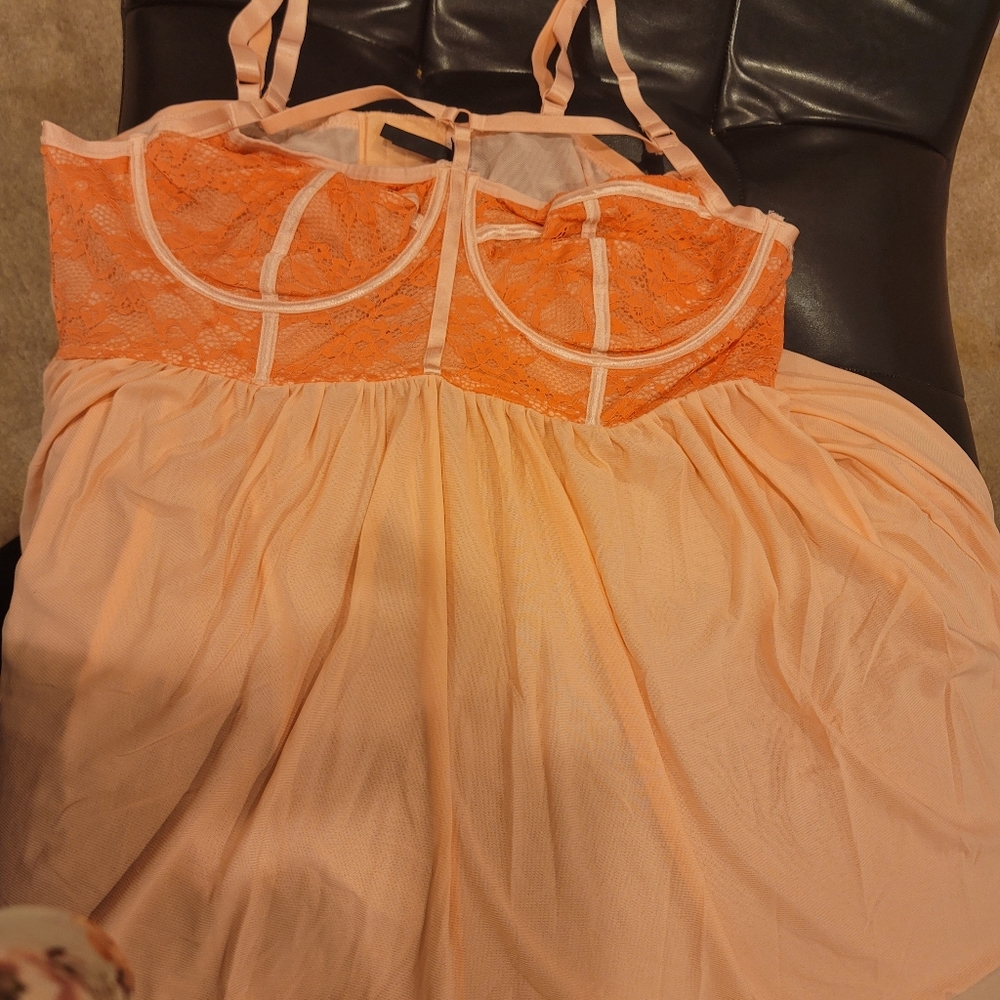 PEACH PINK MESH & CORAL LACE HARNESS UNDERWIRE BABYDOLL